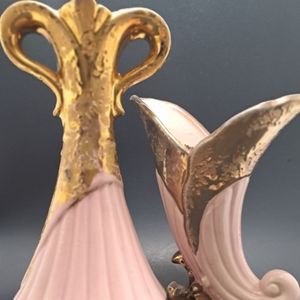 Vtg Savoy 24K Gold Pink Cornucopia Hand Decorated Hollywood Regency and Vase